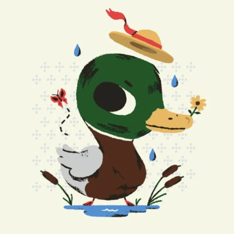 Illustration of a mallard duck in a straw hat, holding a flower in its beak, standing in a puddle between cattails.